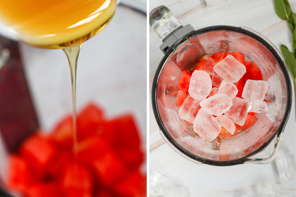 Process photo showing the addition of honey and ice cubes over the fresh watermelon pieces in the blender for a Watermelon Slushie.