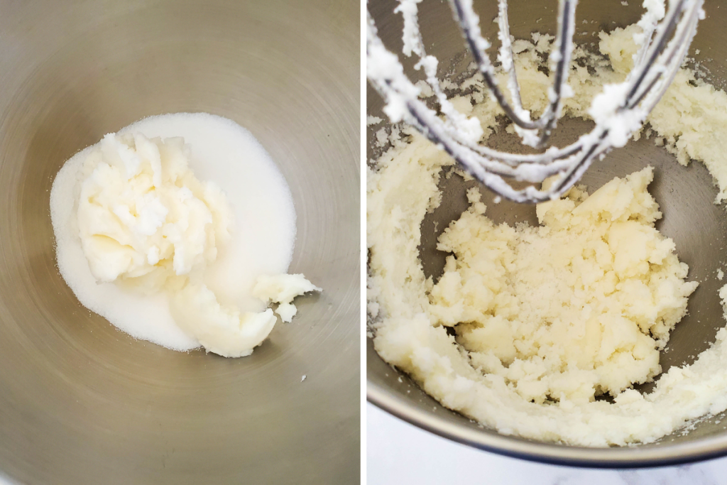 Solid coconut oil and white sugar are added to a metal mixing bowl and whipped together until they become light and fluffy for the base of the Whipped Rainbow Sugar Scrub.