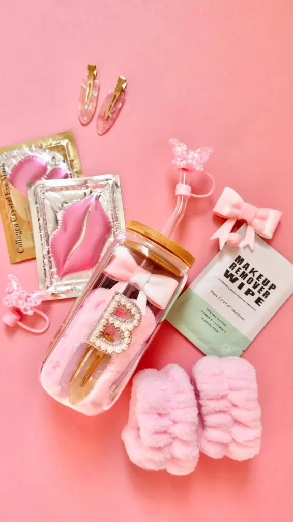 A pink-themed spa set including a glass tumbler, fluffy wristbands, lip masks, and a makeup remover wipe, lovely Teen Party Favors. Etsy