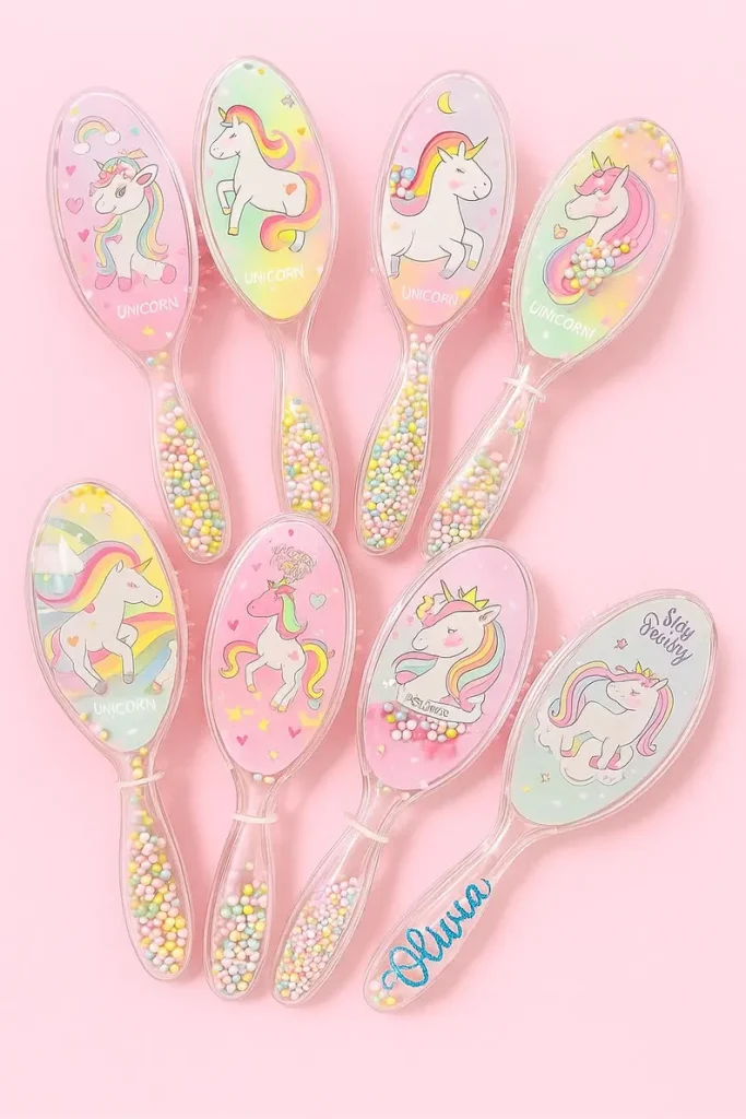 Eight colorful unicorn-themed hairbrushes with floating pastel sprinkles in the handles, excellent personalized Unicorn Party Favors. Etsy