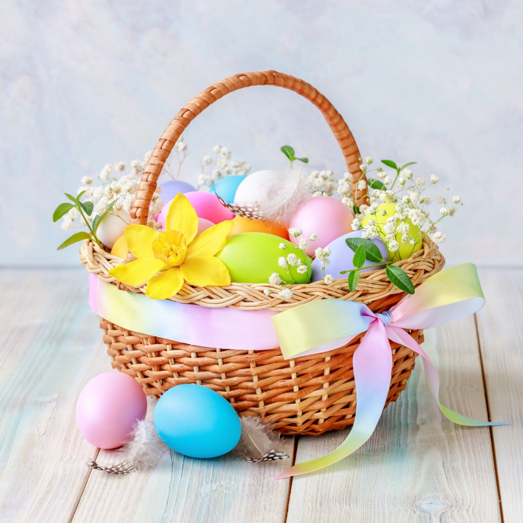 a pastel decorated easter basket filled with eggs