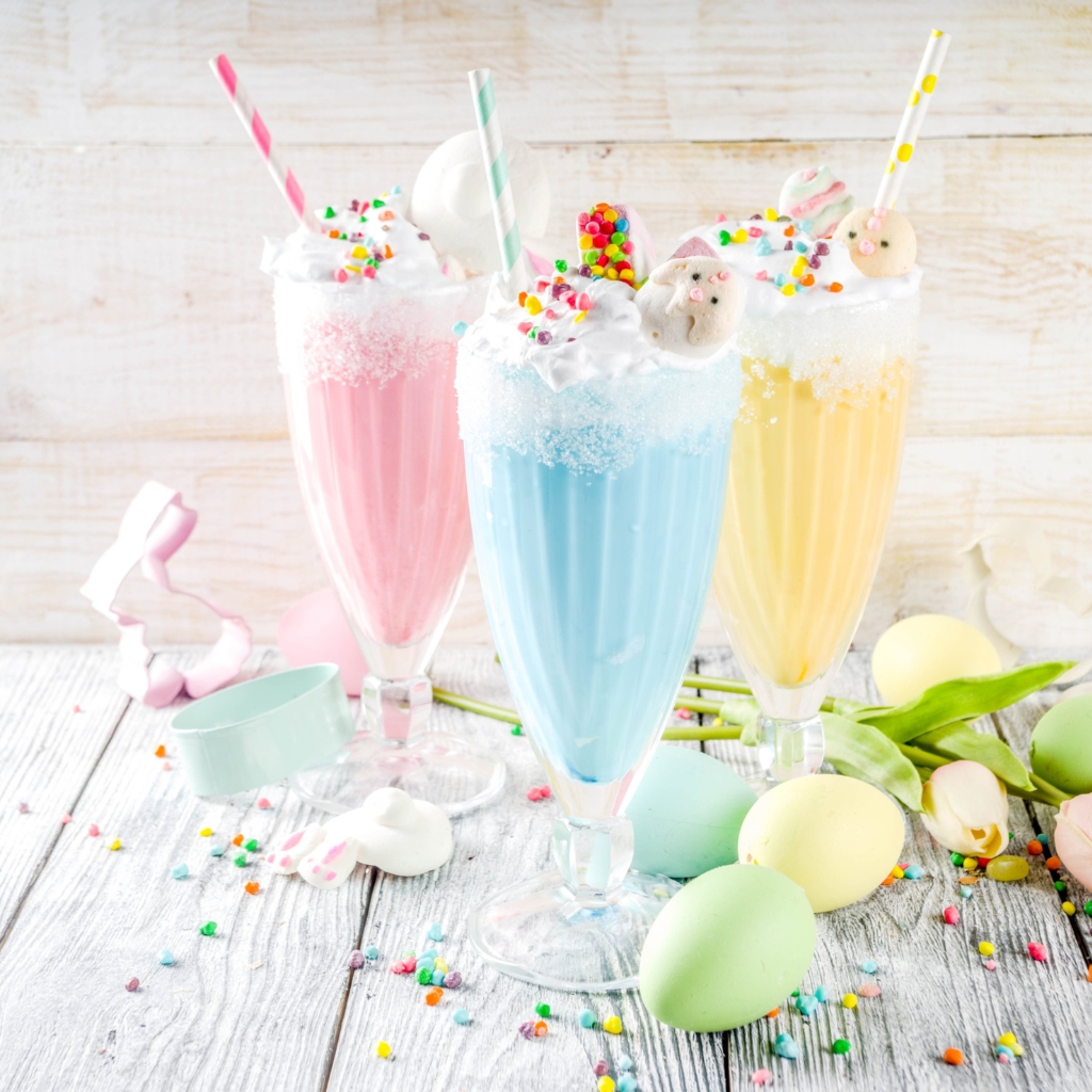 colorful pastel milkshakes with pastel eggs