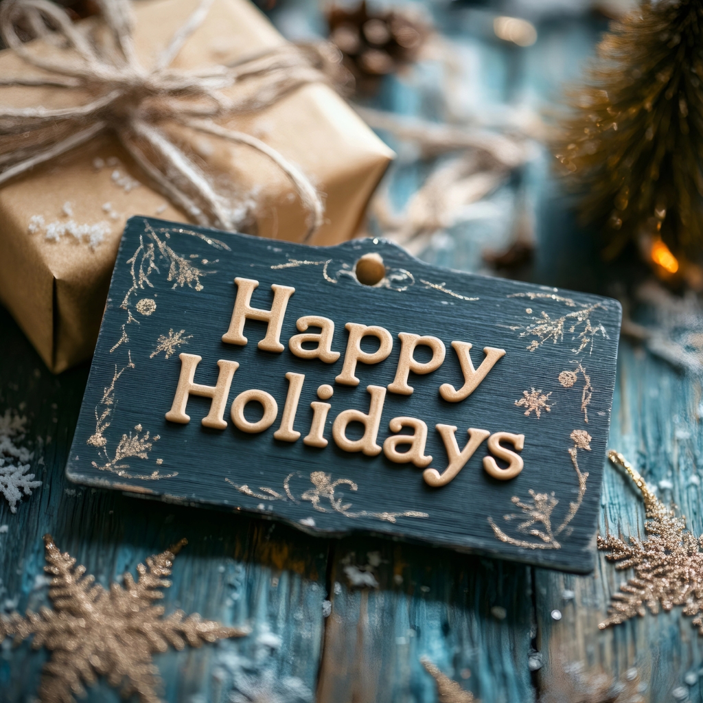 Happy Holidays sign on festive wood and brown paper package background