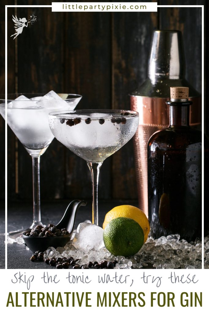 two gin glasses with a gin bottle and shaker in a dark broody background