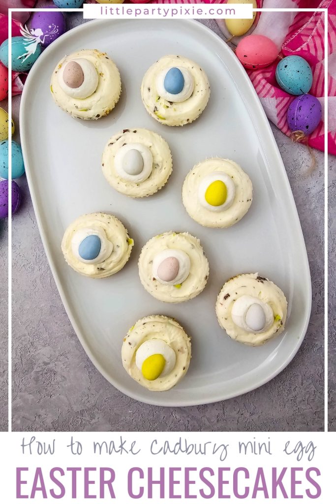 Vertical guide for a Mini Egg Cheesecake recipe, showing a beautiful platter of the best homemade Easter party desserts.