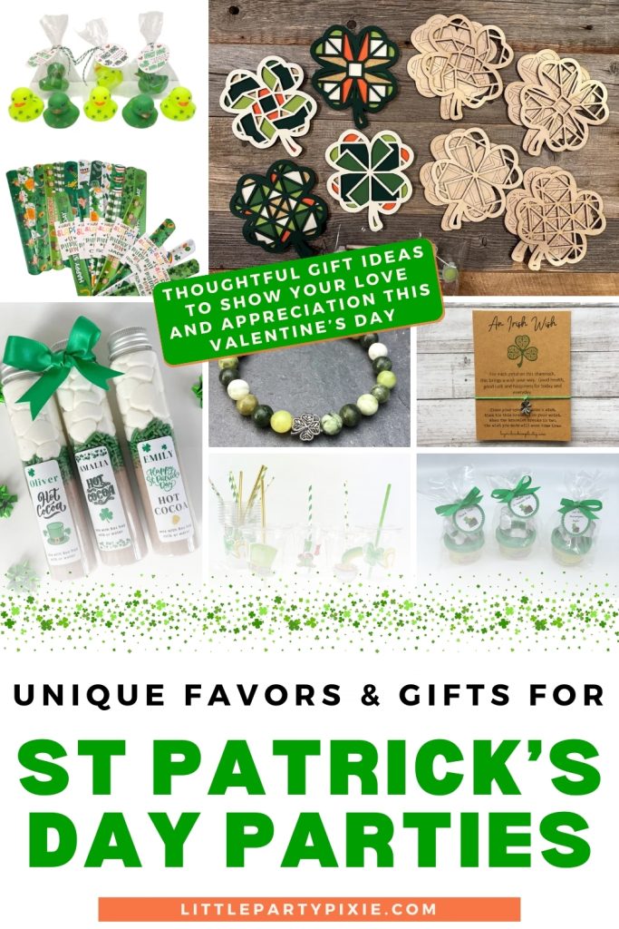 collage of st patricks day themed items to give as party favors