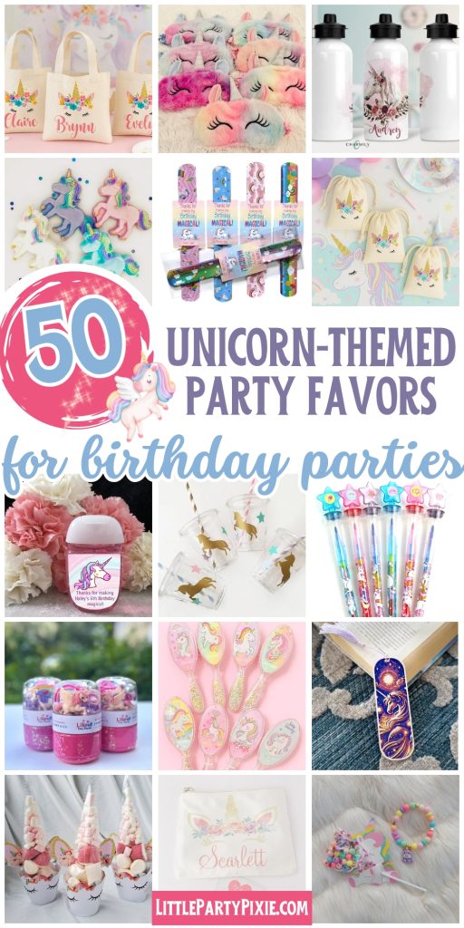 collage of images unicorn party favors for kids
