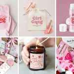 collage of galentines related gits and ladies gift baskets