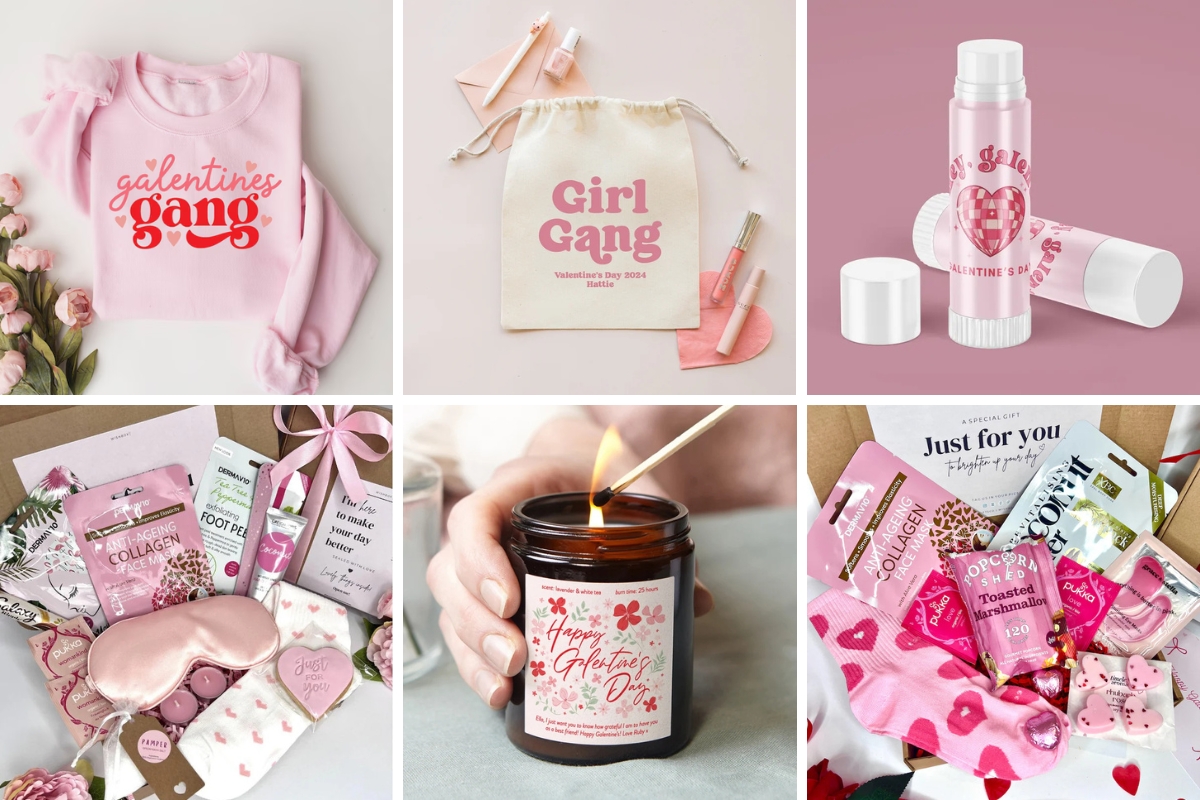 collage of galentines related gits and ladies gift baskets