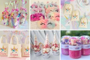 collage of unicorn themed party favor ideas for kids unicorn birthday parties
