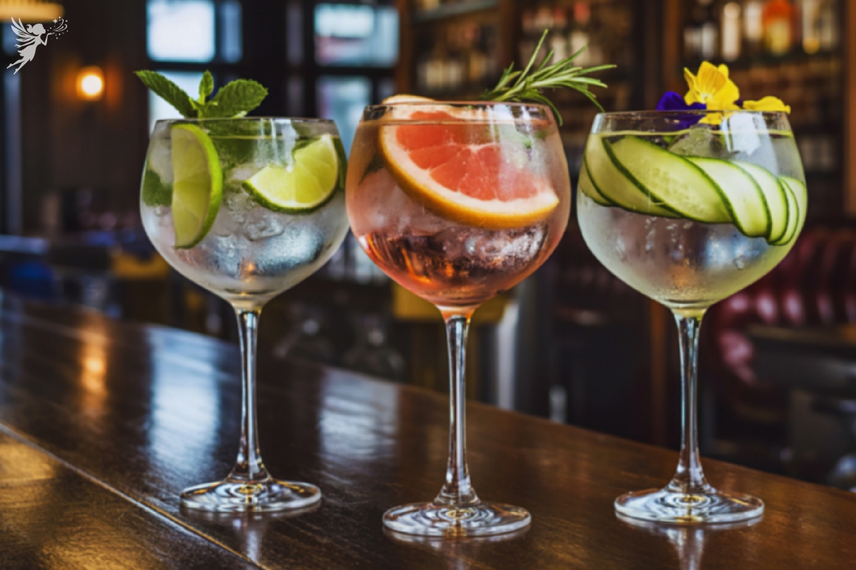 three gin cocktails on a counter top with different mixers and garnishes