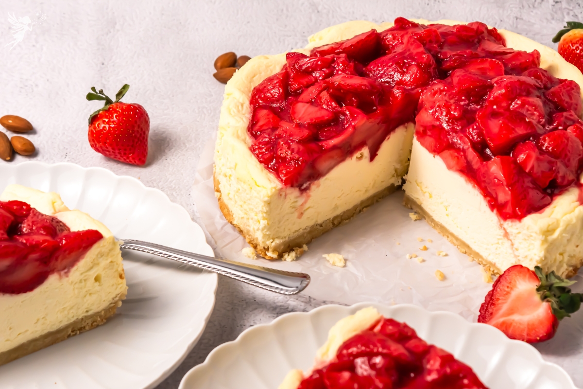 A full-sized Keto Strawberry Cheesecake recipe topped with vibrant glazed berries, ready to serve as a high-fat, low-carb treat.