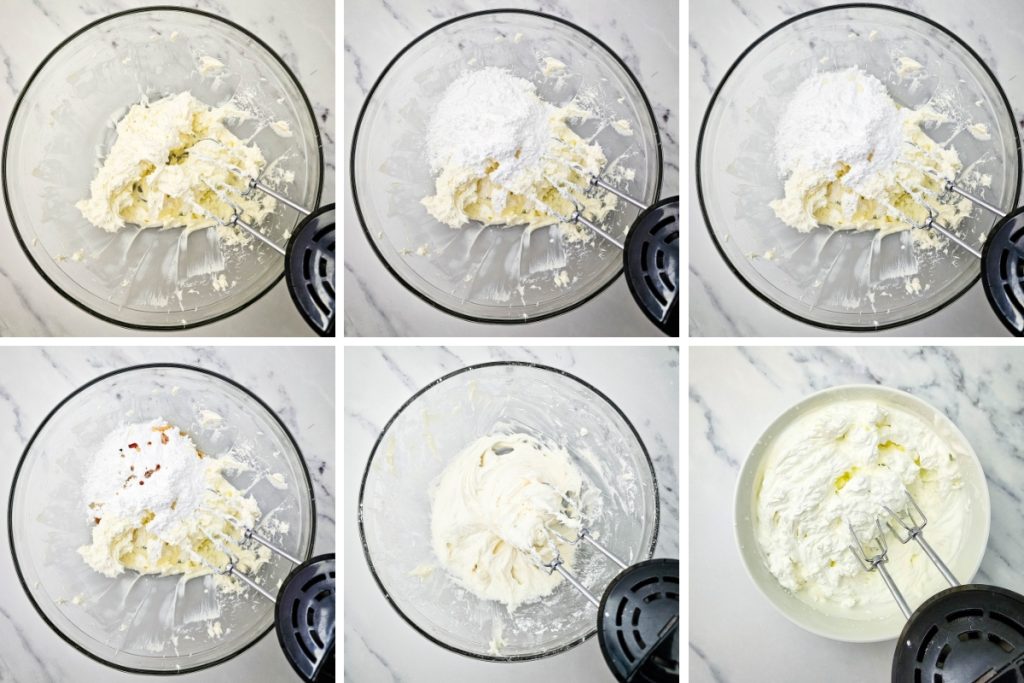 Whipping the creamy cheesecake filling for this Easter Mini Egg Cheesecake recipe using a hand mixer and powdered sugar.