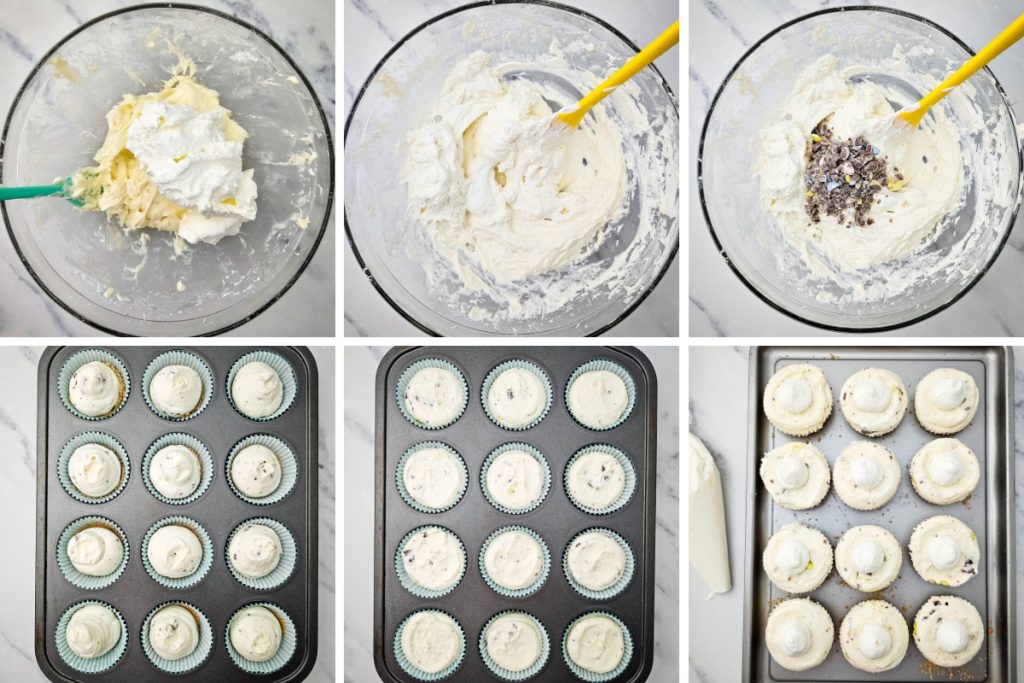Folding crushed chocolate candies into the batter for a speckled Mini Egg Cheesecake recipe before chilling in a muffin tin.