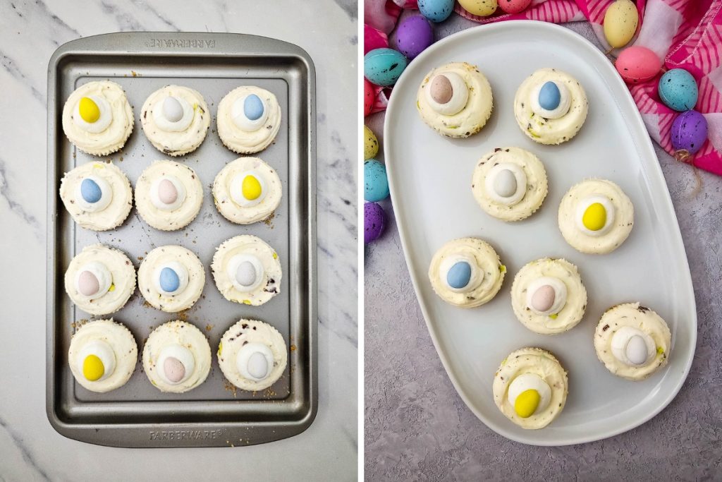 A delicious, individual Mini Egg Cheesecake recipe garnished with a bright candy eggs, perfect for spring celebrations.