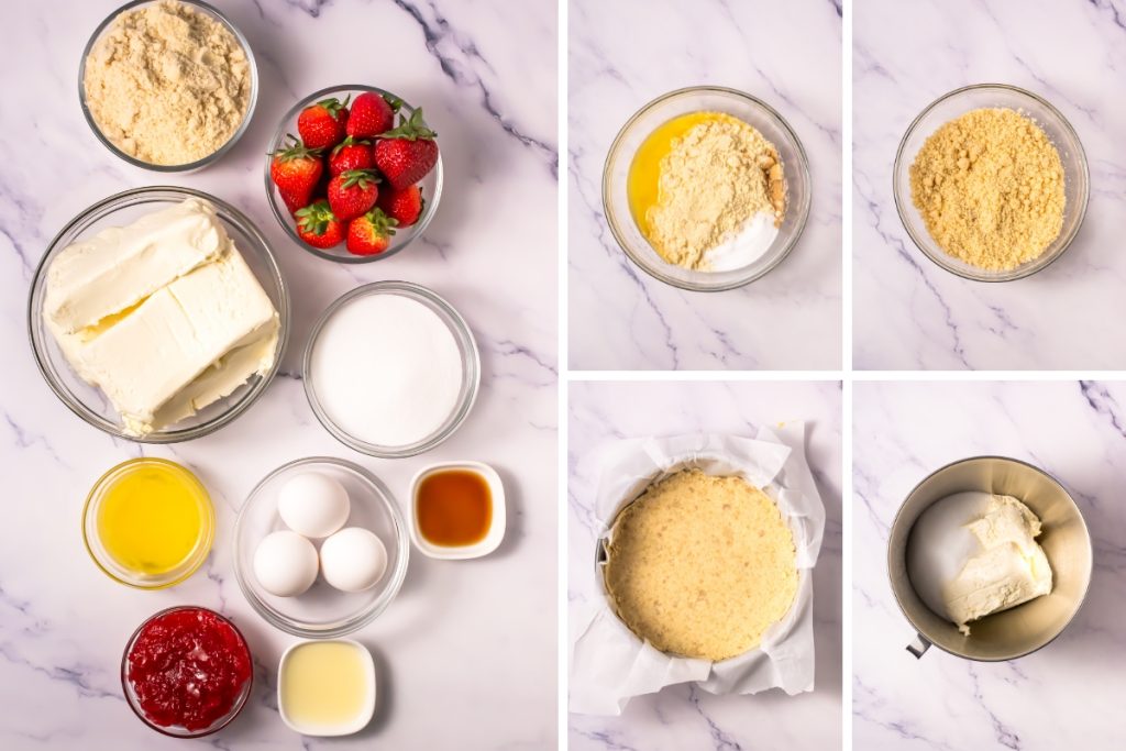 Ingredients for a Keto Strawberry Cheesecake recipe including almond flour, cream cheese, and eggs, plus the initial crust mixing steps.