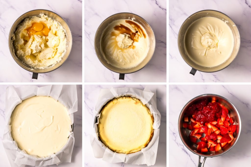 Mixing creamy filling with eggs and vanilla for a Keto Strawberry Cheesecake recipe before pouring into a lined pan.