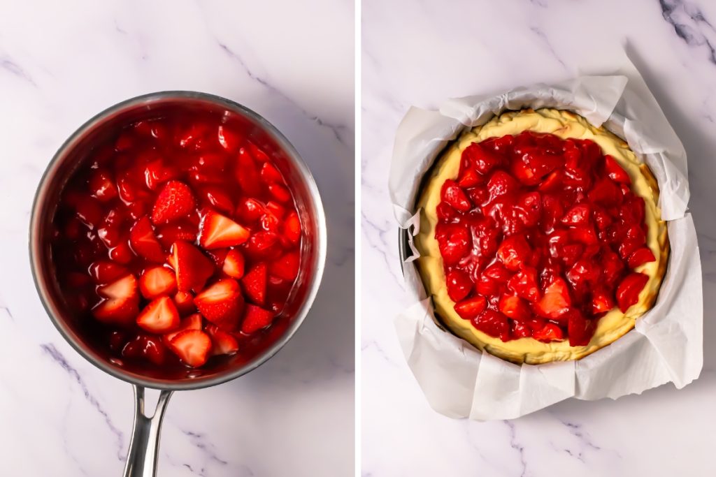 Simmering fresh berries in a saucepan to create a sugar-free glaze for this easy Keto Strawberry Cheesecake recipe.