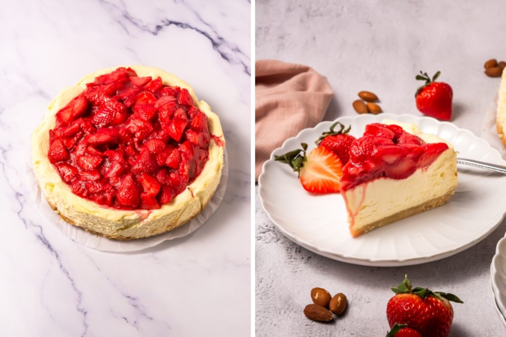A beautifully glazed Keto Strawberry Cheesecake recipe showing a perfect slice of the low-carb, grain-free dessert on a plate.