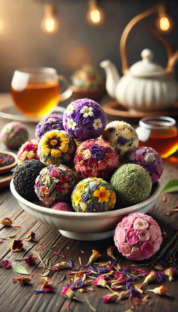 Vibrant organic blooming tea balls made with dried flowers, offering a stunning and relaxing experience for luxury Adult Easter Baskets.