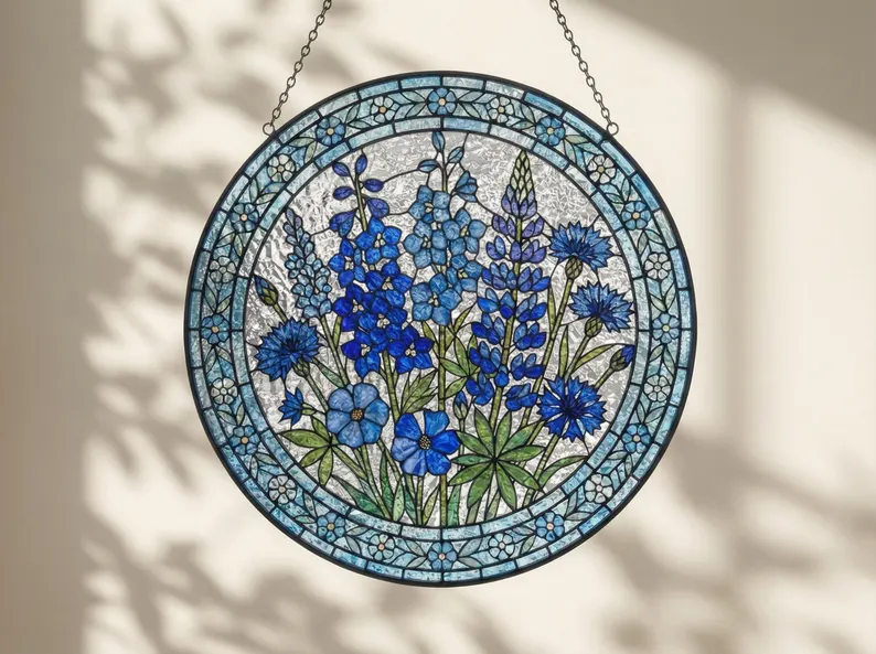 Blue floral stained glass suncatcher with intricate patterns and a hanging chain, an elegant Easter hostess gift idea.