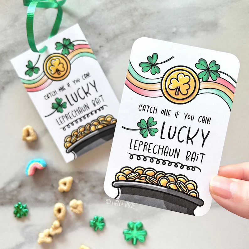 Rectangular illustrated tags featuring leprechaun bait and pots of gold, ready to be attached to personalized and themed St. Patrick's Day favors.