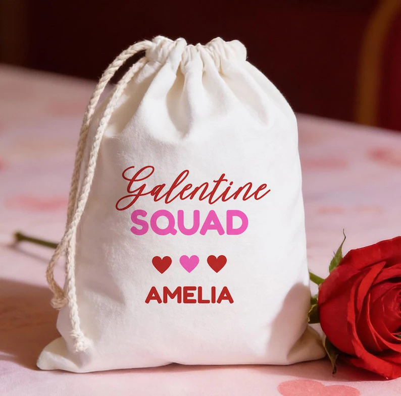 cloth party bag with persoanlized Galentines Squad etsy gift