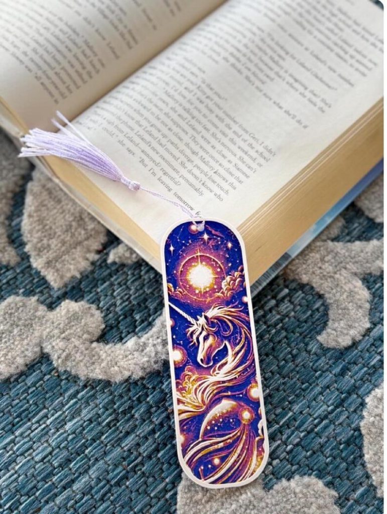 brithly colored 3D print unicorn bookmark on etsy