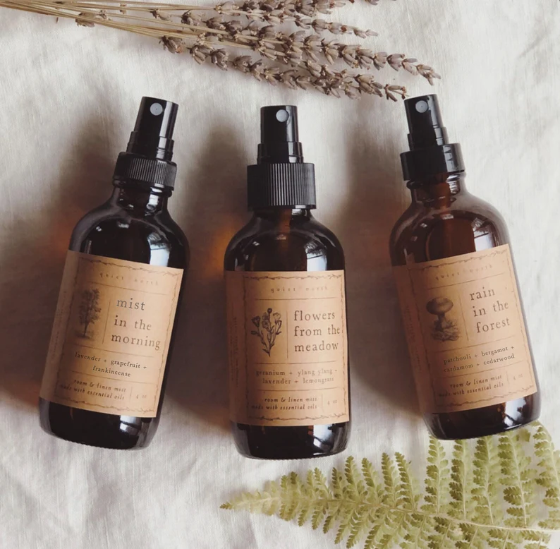 Aura and room mists featuring spring essential oils like lavender and grapefruit, perfect for refreshing Adult Easter Baskets.