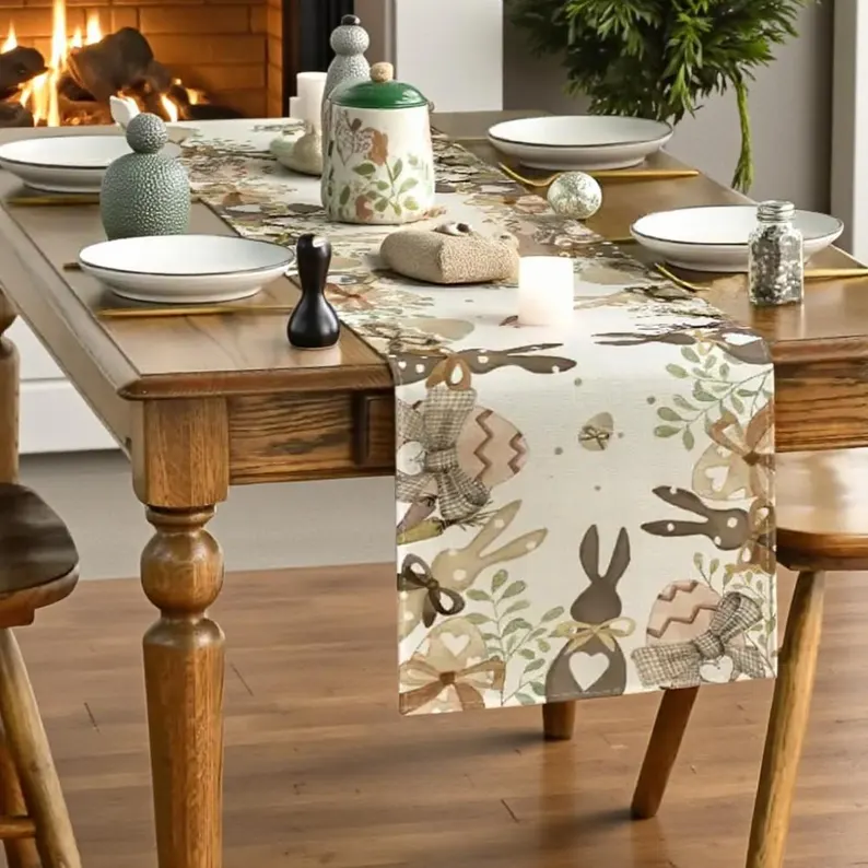 A decorative table runner featuring bunnies and eggs on a set dining table, a festive Easter Hostess Gift.