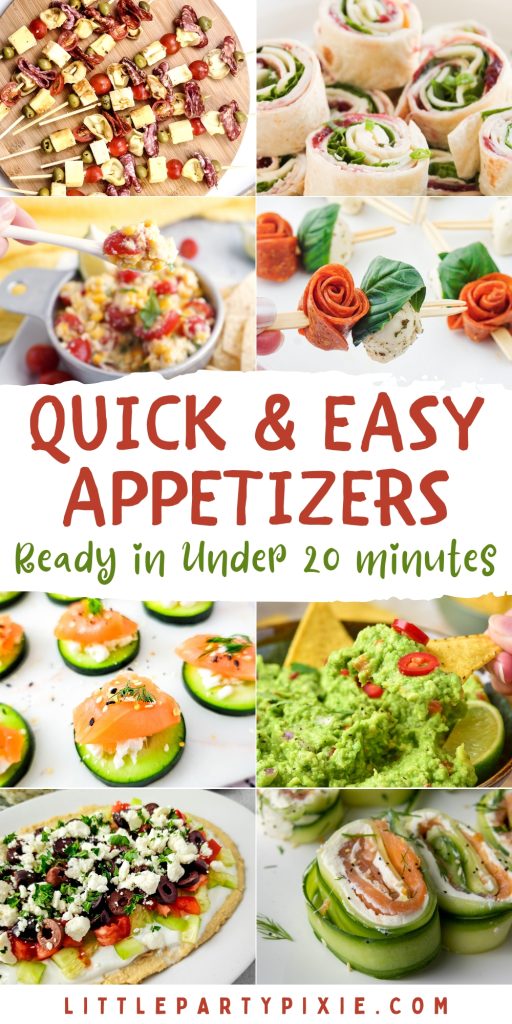 A collage of quick and easy appetizers ready in under 20 minutes, featuring skewers, pinwheels, dips, and cucumber bites.