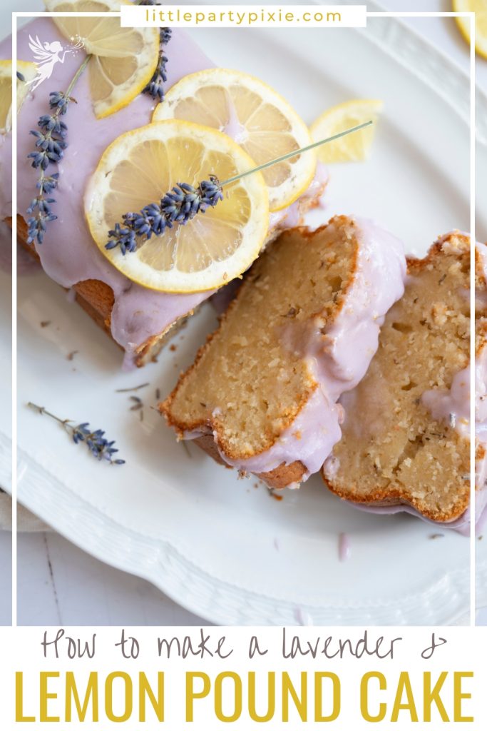 Moist Lemon Lavender Pound Cake loaf with a drizzled lavender-infused glaze and decorative lemon garnish, perfect for afternoon tea or dessert.
