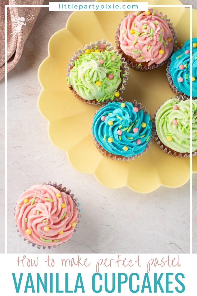 A top-down shot of several Easter Pastel Vanilla Cupcakes on a yellow plate, featuring vibrant pastel frosting and festive candy sprinkles.