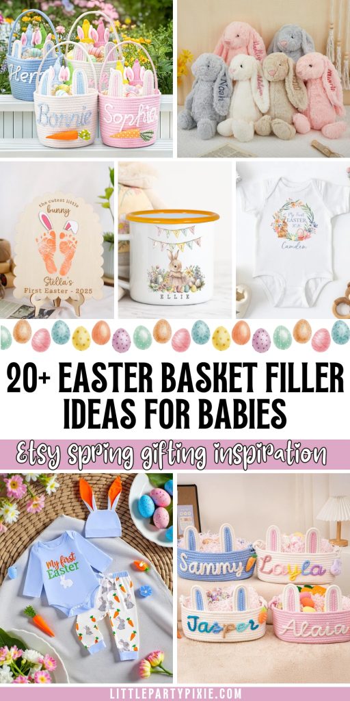 Collage of items easter baskets and basket filler ideas for babies found on Etsy