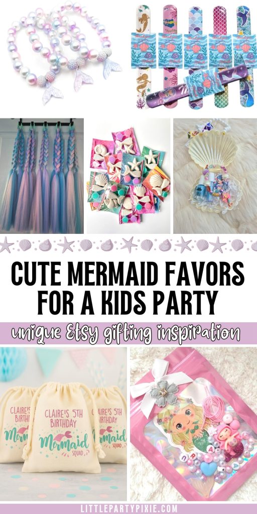 collage of etsy mermaid gifts with text overlay cute mermaid favors for a kids party