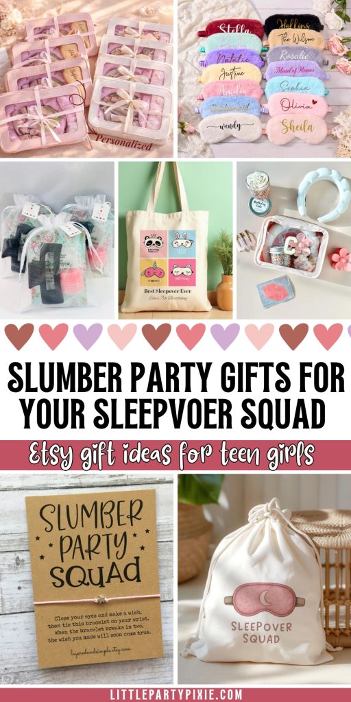 a collage of gift items from etsy suitable for girl sleepover parties with text slumber party gifts for your sleepover squad