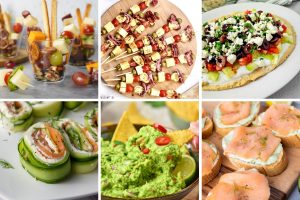 A colorful collage of quick and easy appetizers including skewers, guacamole, smoked salmon crostini, and cucumber rolls perfect for any party.