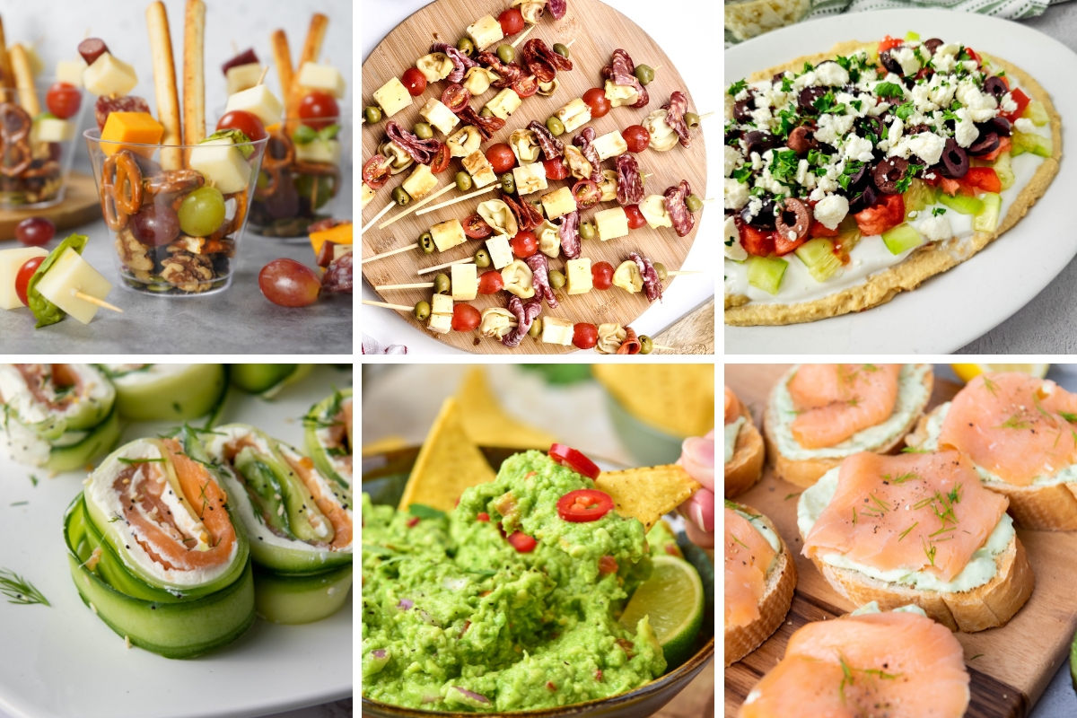 A colorful collage of quick and easy appetizers including skewers, guacamole, smoked salmon crostini, and cucumber rolls perfect for any party.