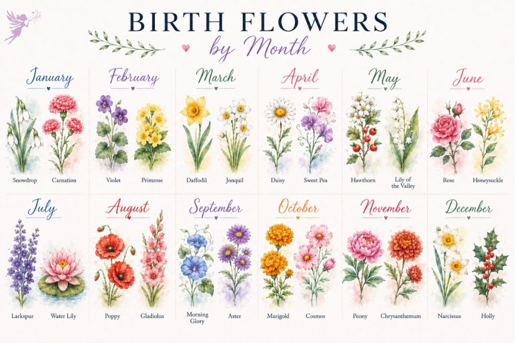 Birthflower colorful watercolor art style illustraitons for every month of the year