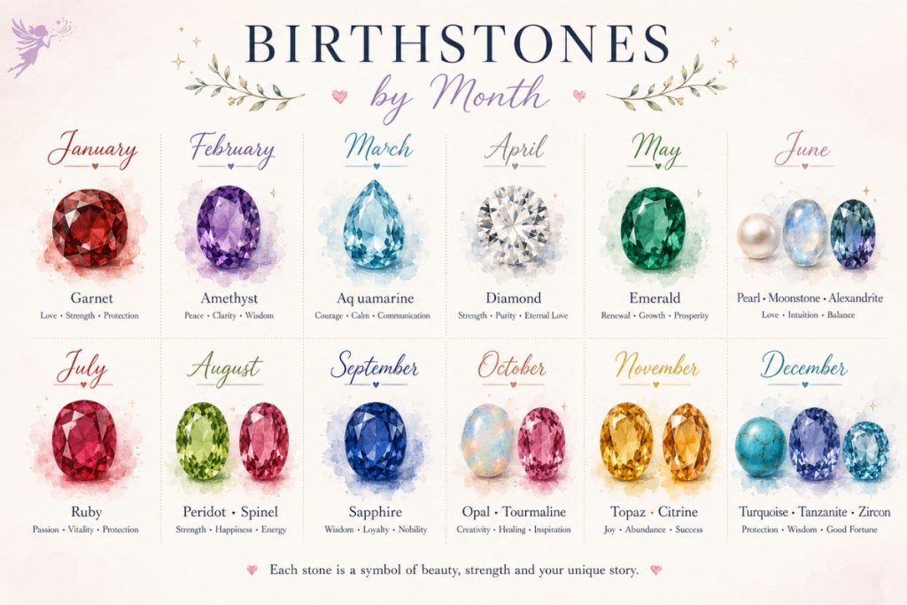 birthstone chart for every month of the year with illustrative guide watercolor images