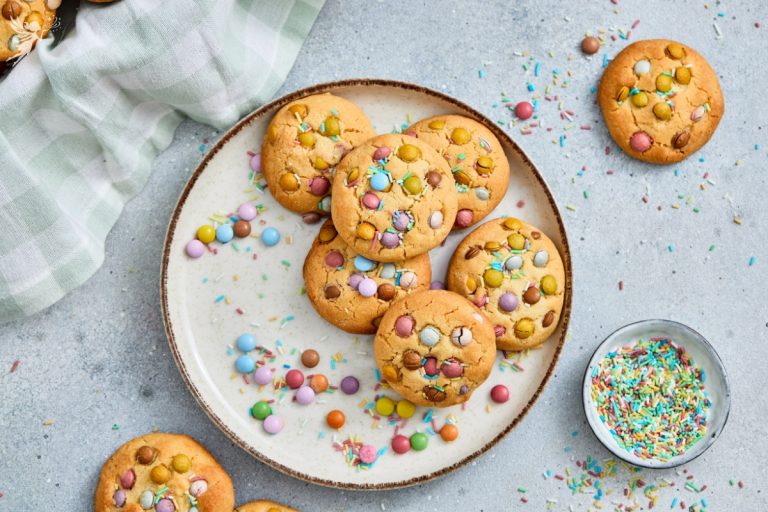 Flat lay of Easter soft cookies and candy pieces, perfect for a festive holiday baking project or dessert platter.