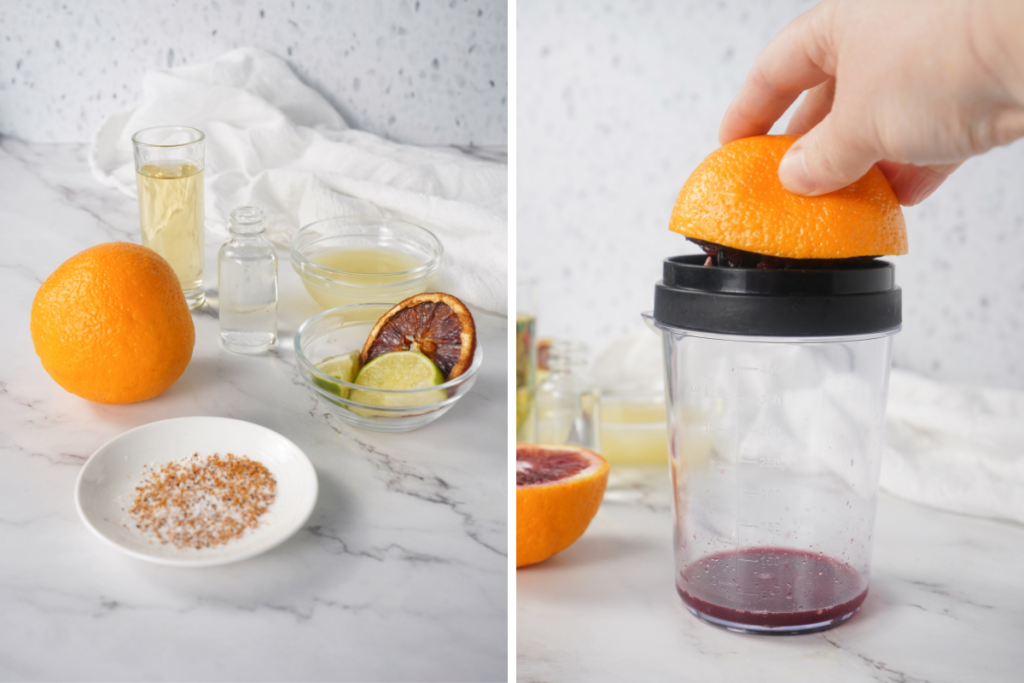 Ingredients including fresh citrus, tequila, and agave are prepared on a counter to begin making a vibrant Blood Orange Margarita.