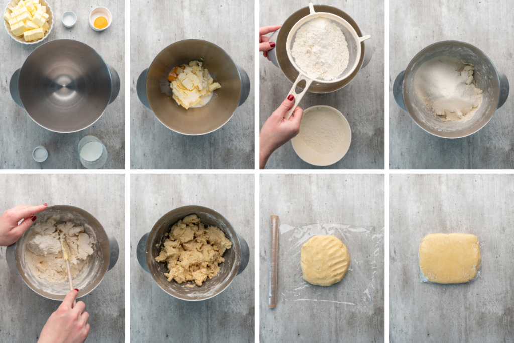 Step-by-step photos of mixing ingredients and chilling dough to create the perfect buttery base for these homemade Easter Cheesecake Tarts.