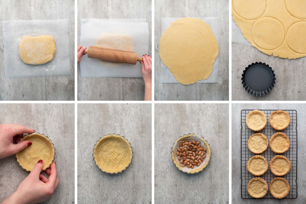 Rolling out pastry and blind-baking small tart shells to a golden brown to prepare for a creamy no-bake cheesecake filling.
