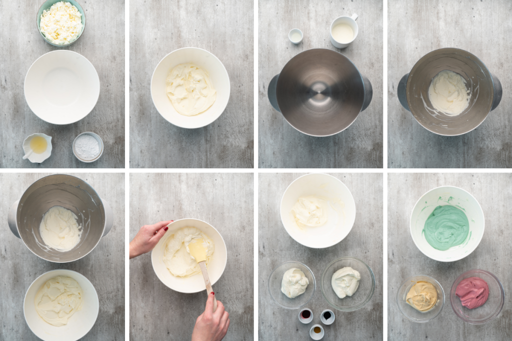 Preparing pastel-colored cheesecake batter in bowls to create a variety of vibrant mini spring cheesecake tarts for a holiday celebration.