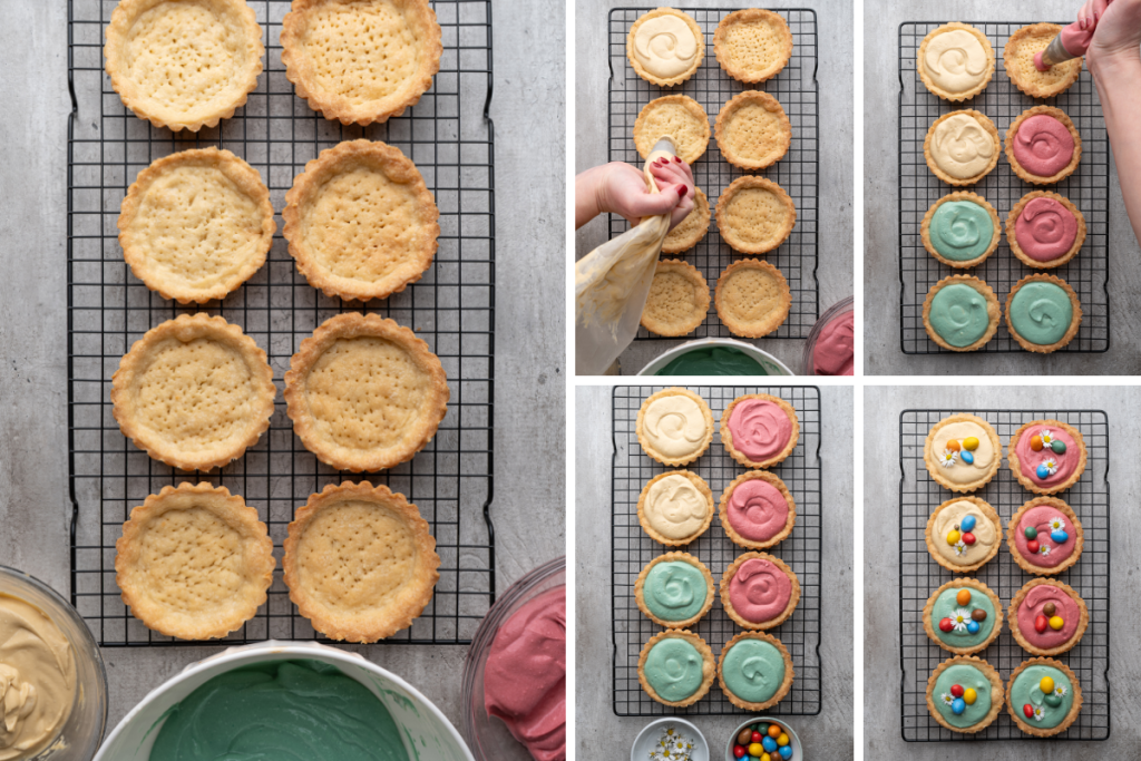 Piping colorful filling into tart shells and adding candy toppings, completing the Easter Cheesecake Tarts assembly for a festive seasonal dessert.