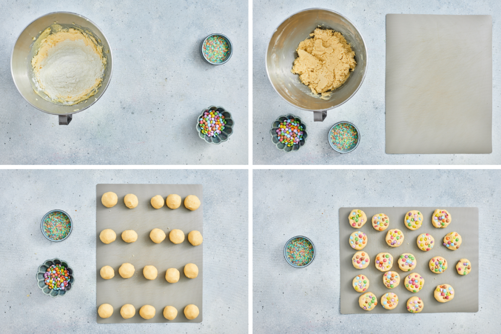 Folding flour into wet ingredients and rolling dough balls to prep this easy sugar cookie recipe for Easter.