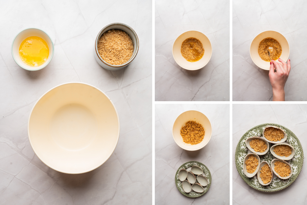 Step-by-step process of mixing biscuit crumbs with melted butter and pressing the base into chocolate Easter egg cheesecakes.