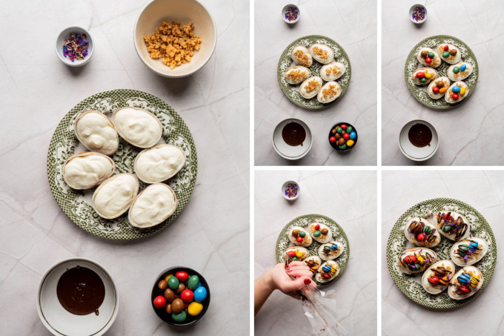 Decorative steps showing the addition of candy toppings and chocolate drizzle to finish these festive Easter egg cheesecakes.