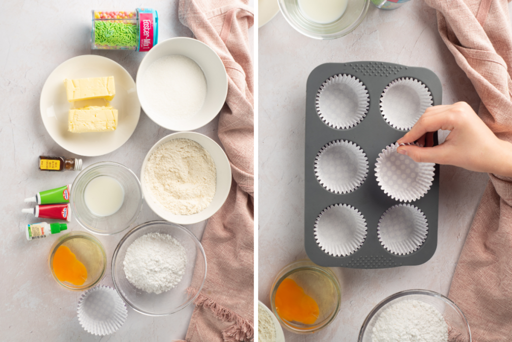 Flat lay of baking ingredients and a person placing paper liners into a muffin tin for Easter Pastel Vanilla Cupcakes.